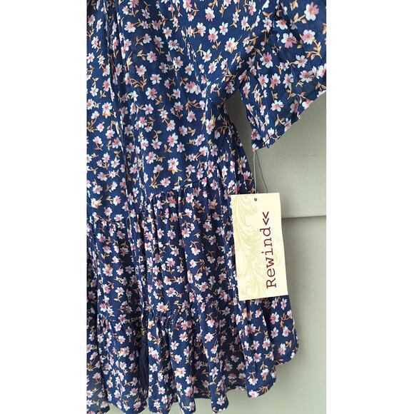 Rewind Tiered Ruffle Flutter Sleeve Cottage Boho Blouse Top Blue Floral M Rayon - Picture 3 of 11